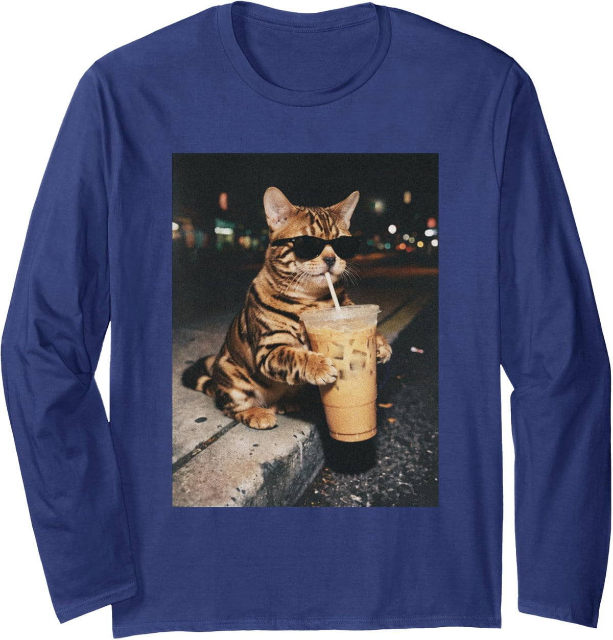 Cool Bengal Cat with Sunglasses Drinking Iced Coffee Long Sleeve T-Shirt - Adult Unisex Navy Blue