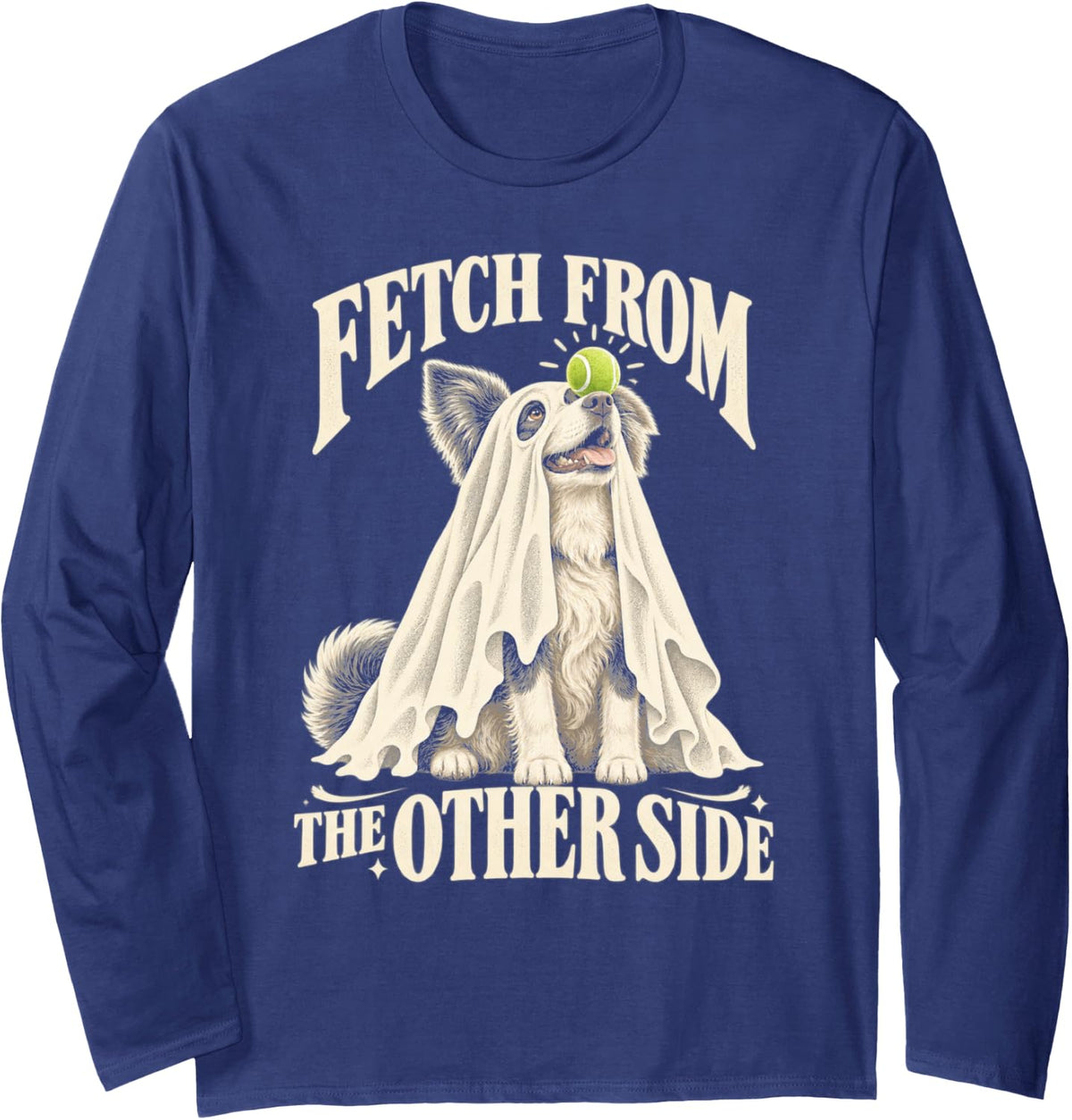 Fetch from The Other Side Border Collie Halloween Ghost Long Sleeve T-Shirt - Adult Unisex Navy Blue
