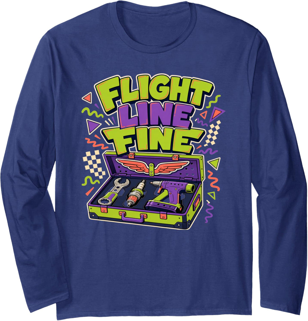 Flight Line Fine Aviation Mechanic 90s Long Sleeve T-Shirt - Adult Unisex Navy Blue