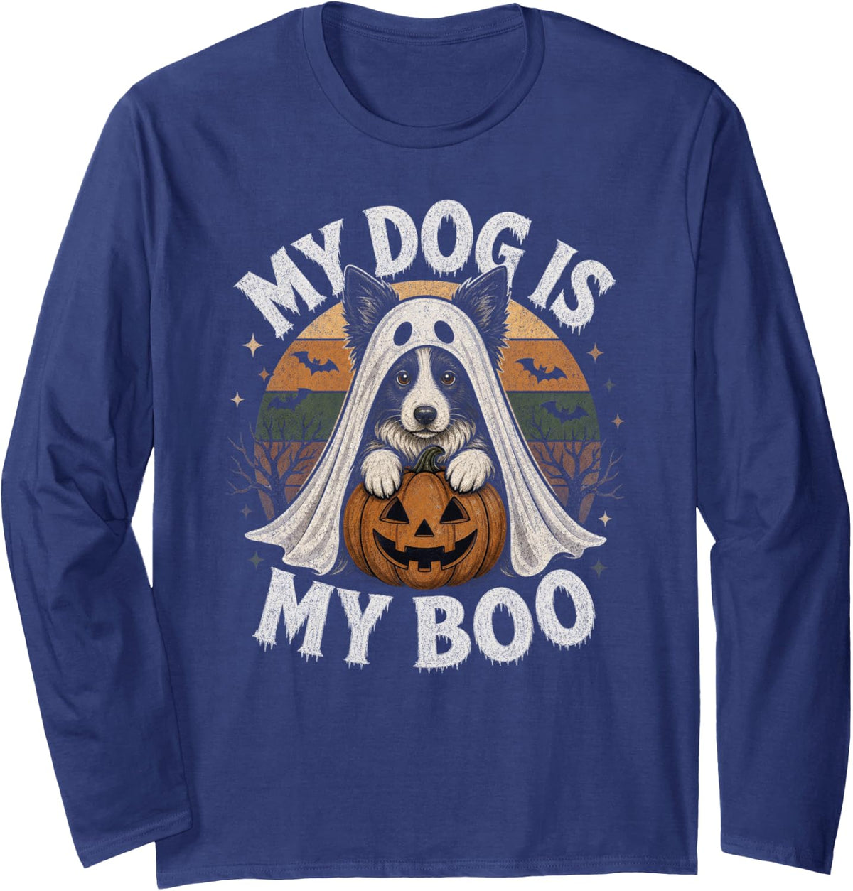 Halloween Border Collie My Boo Long Sleeve T-Shirt - Adult Unisex Navy Blue