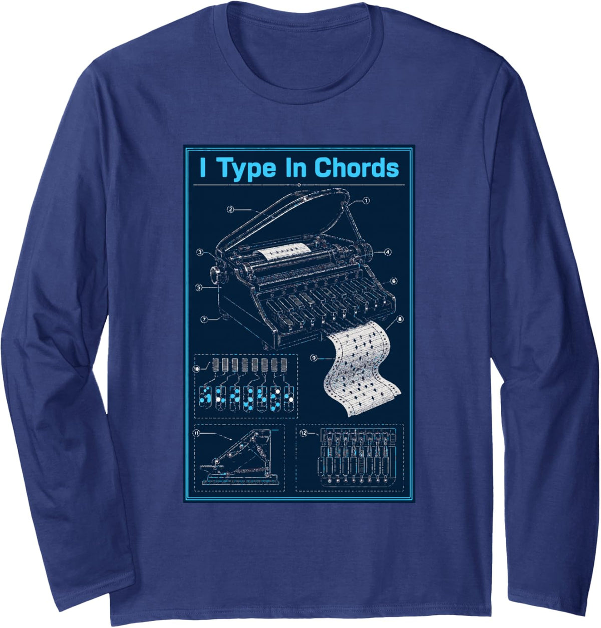 Type in Chords Musician Pianist Piano Player Long Sleeve T-Shirt - Adult Unisex Navy Blue
