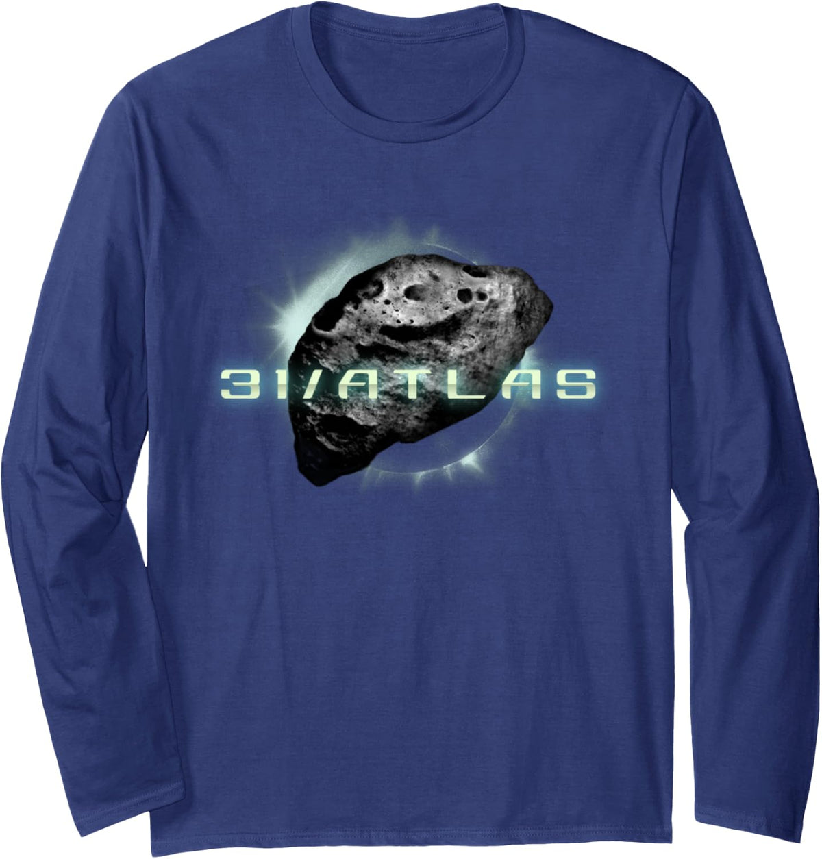 31/Atlas Earth, Solar Comet Asteroid Long Sleeve T-Shirt - Adult Unisex Navy Blue