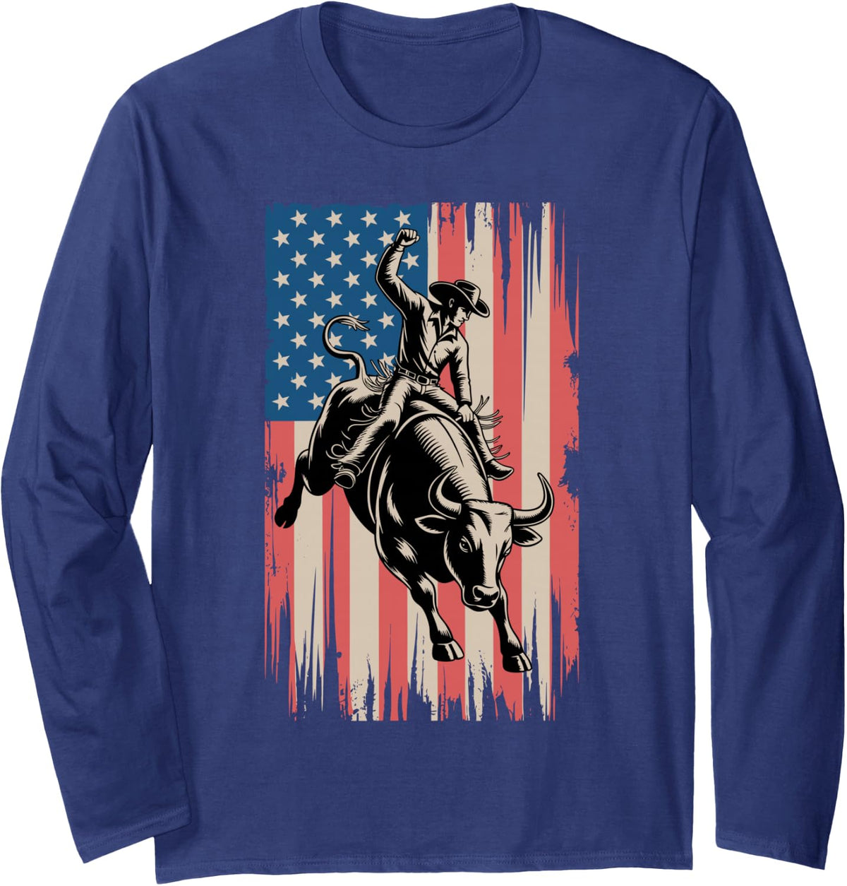 Funny Bull Riding Art for Men Women Rodeo Cowboy Bull Rider Long Sleeve T-Shirt - Adult Unisex Navy Blue