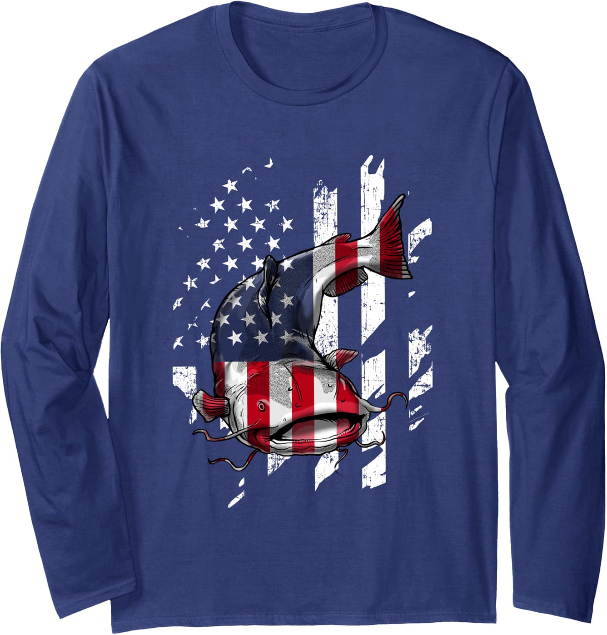 Catfishing American Flag - Catfish Angler Fisherman Long Sleeve T-Shirt - Adult Unisex Navy Blue