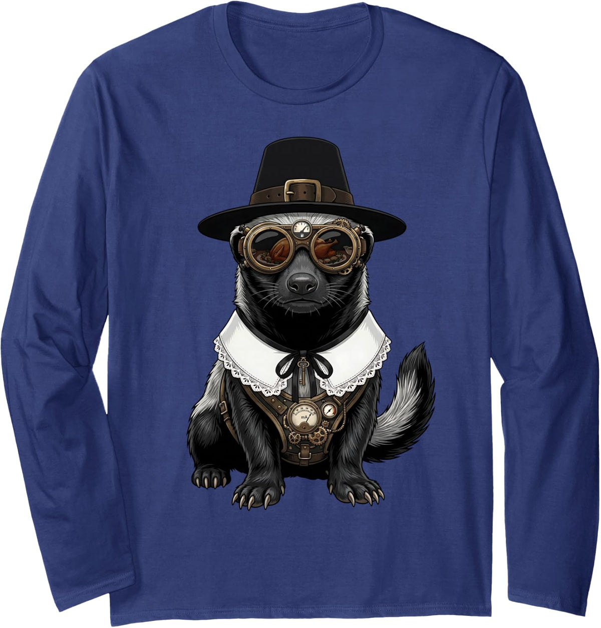 Honey Badger Vintage Retro Turkey Day Dinner Fall Harvest Long Sleeve T-Shirt - Adult Unisex Navy Blue