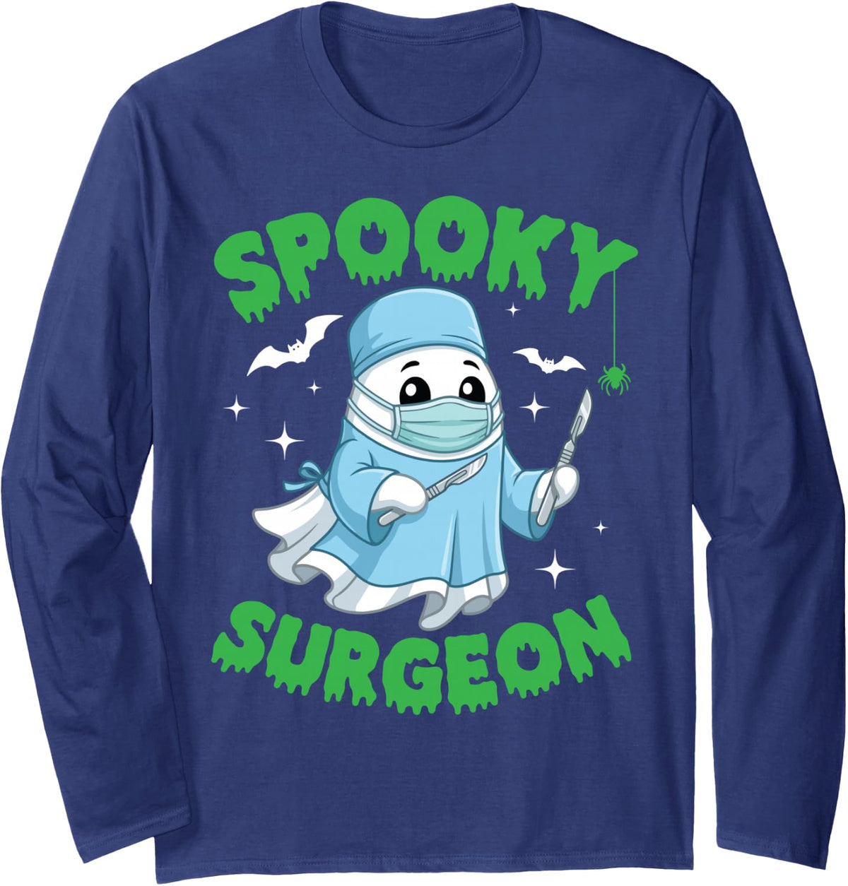Spooky Surgeon Halloween Cute Ghost Medical Scrub Costume Long Sleeve T-Shirt - Adult Unisex Navy Blue
