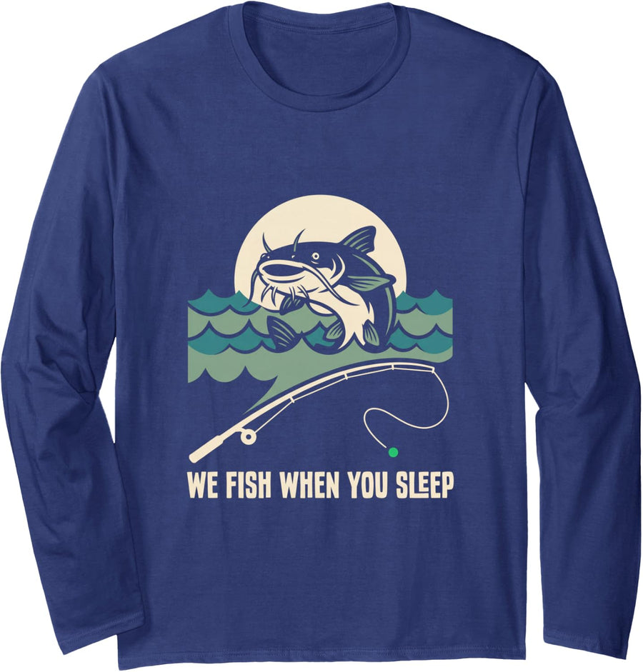 We Fish When You Sleep Halloween Night Catfish Glow Angler Long Sleeve T-Shirt - Adult Unisex Navy Blue