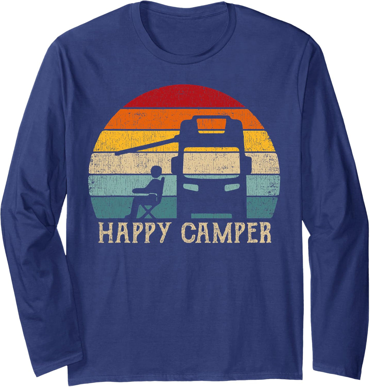Happy Camper RV Camping Shirt Men Women Retro Sun 70s 80s Long Sleeve T-Shirt - Adult Unisex Navy Blue