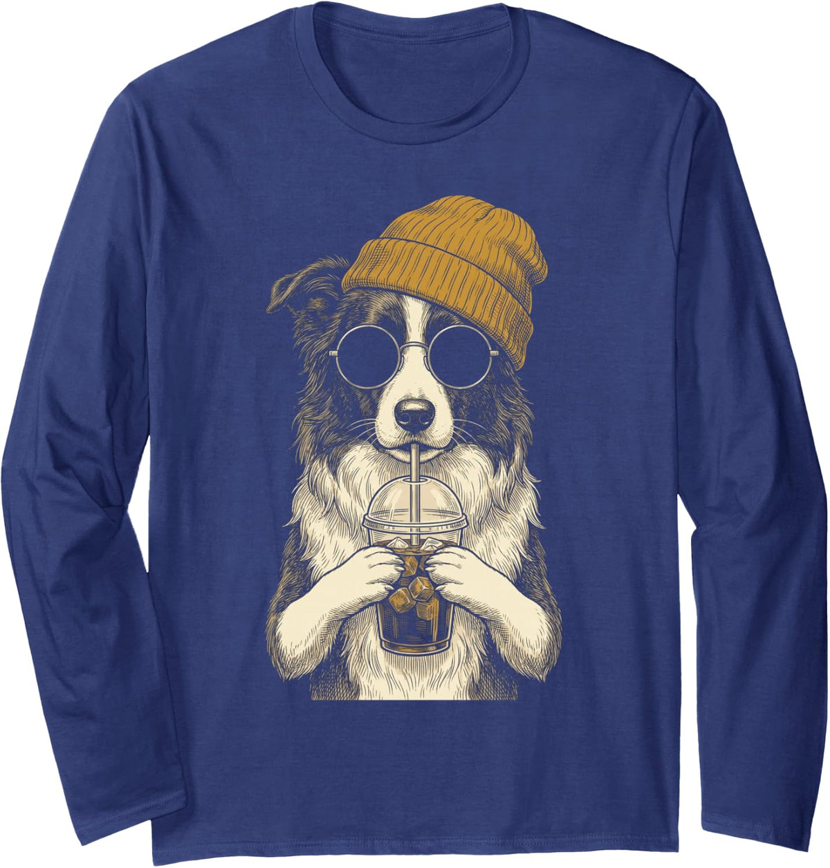 Border Collie Drinking Iced Coffee Funny Hipster Long Sleeve T-Shirt - Adult Unisex Navy Blue