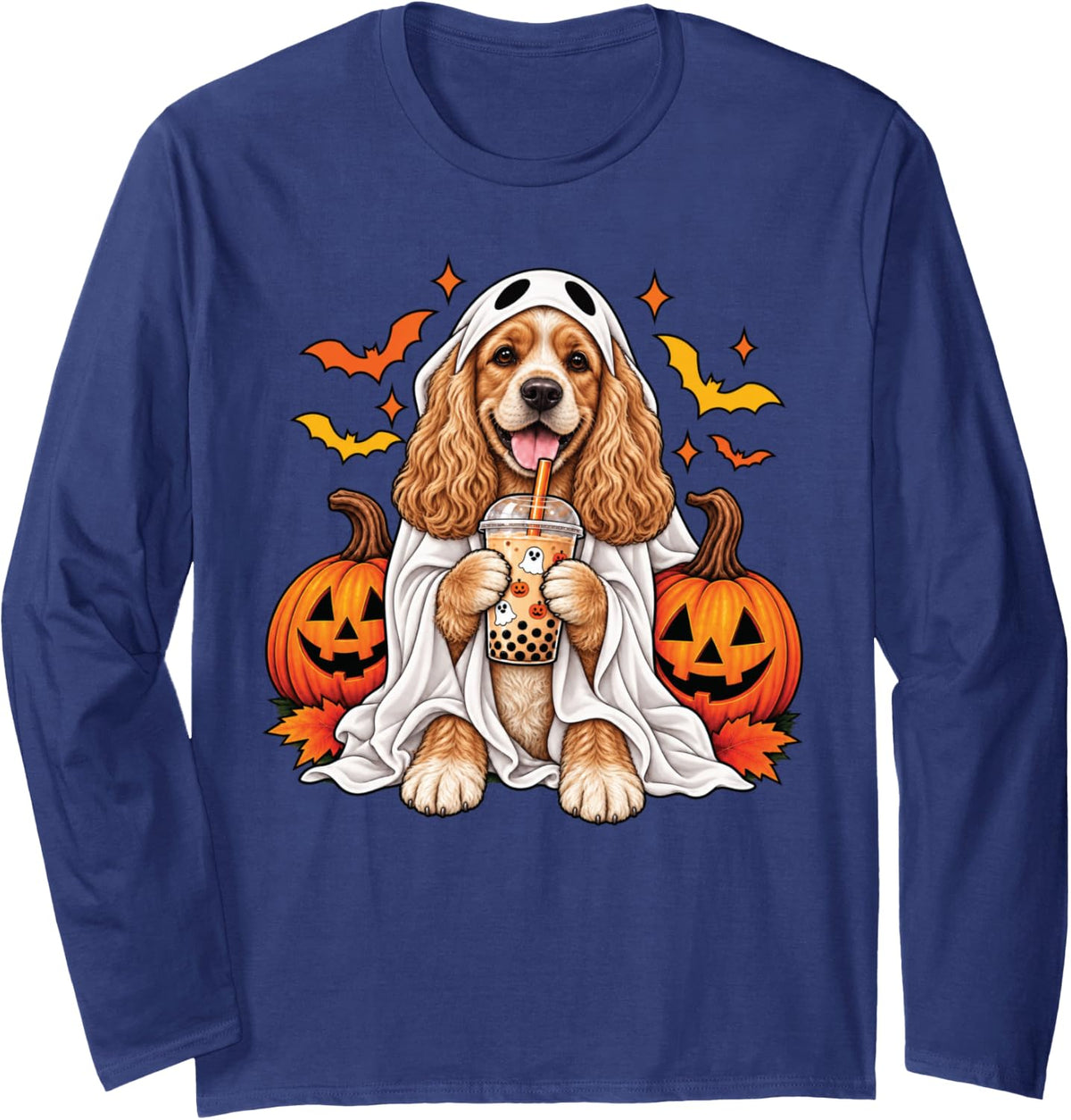 Cocker Spaniel Dog Ghost Boba Halloween Pumpkin Bubble Tea Long Sleeve T-Shirt - Adult Unisex Navy Blue