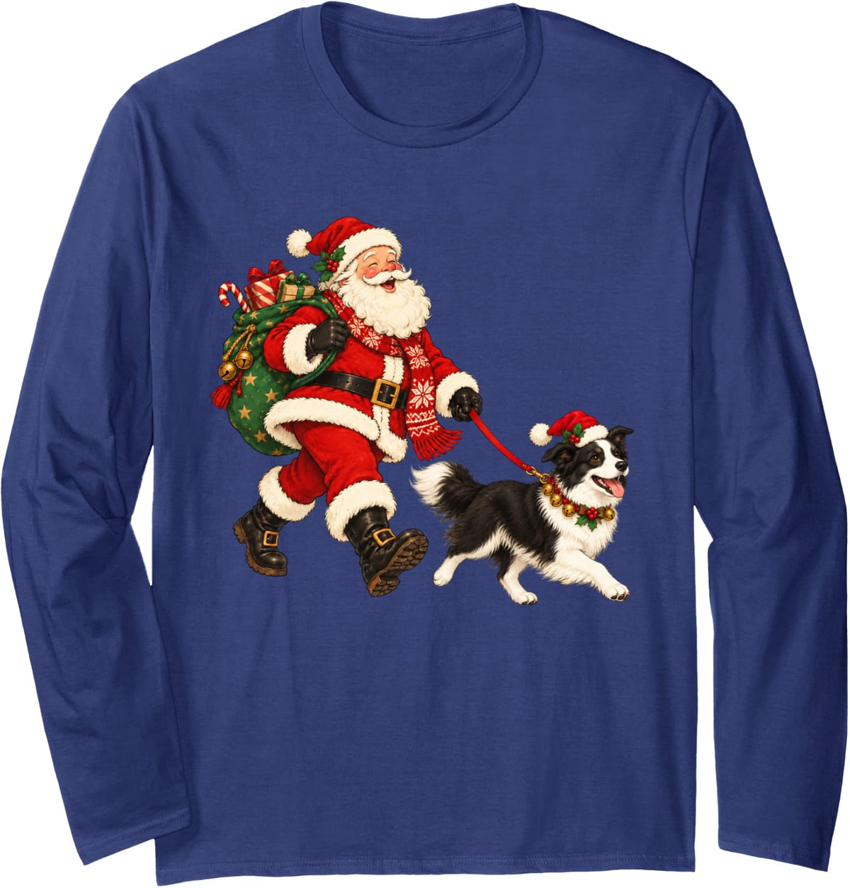 Border Collie Christmas Dog Walking with Santa Holiday Dog Long Sleeve T-Shirt - Adult Unisex Navy Blue