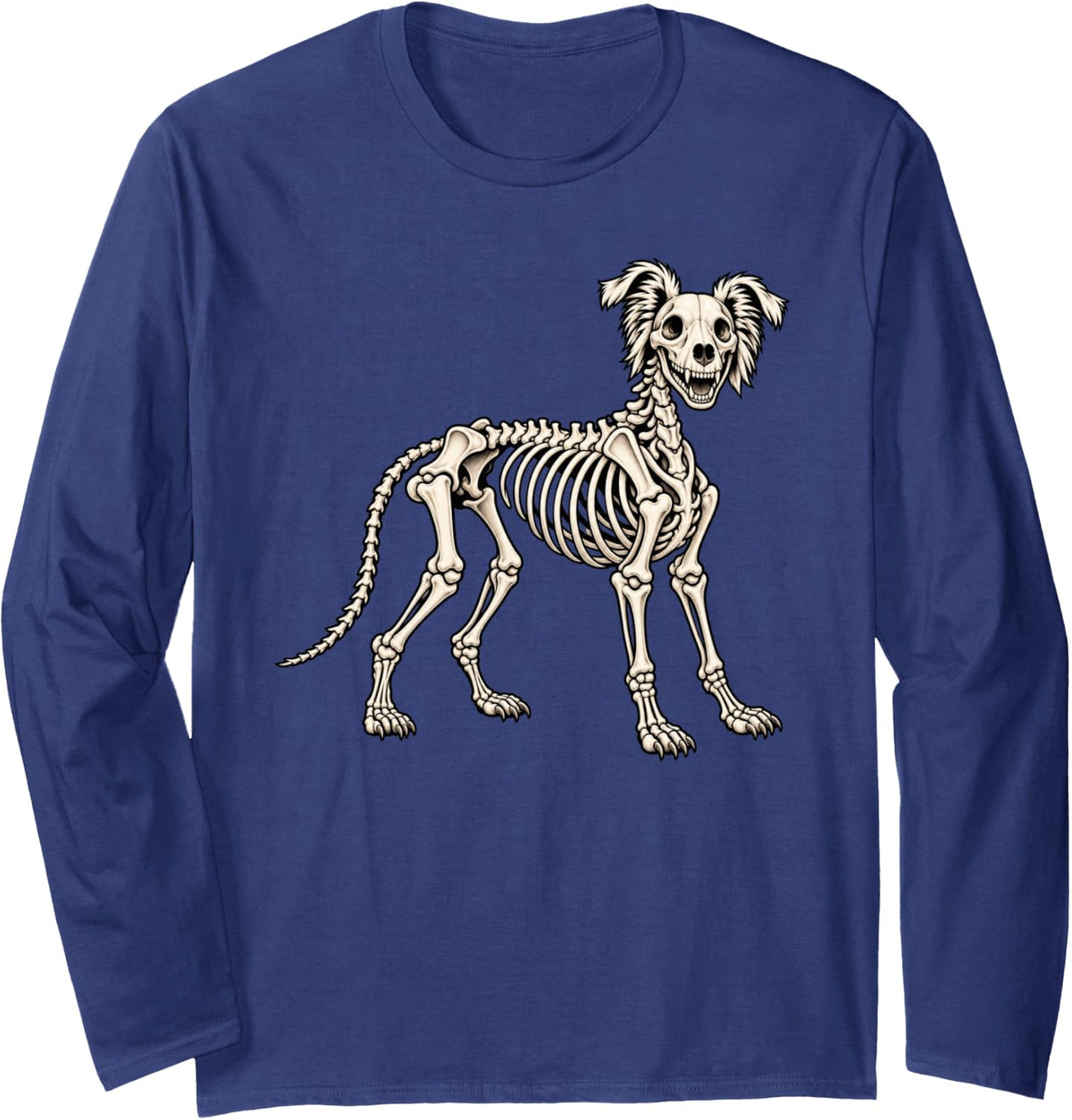 Border Collie Dog Skeleton Halloween Long Sleeve T-Shirt - Adult Unisex Navy Blue