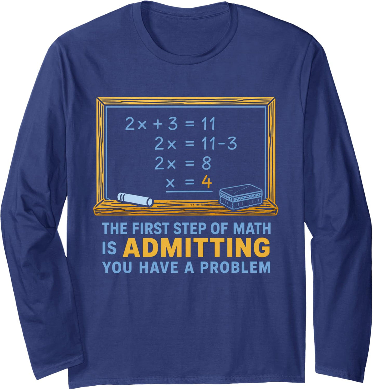 The First Step of Math is Admitting You Have A Problem Joke Long Sleeve T-Shirt - Adult Unisex Navy Blue