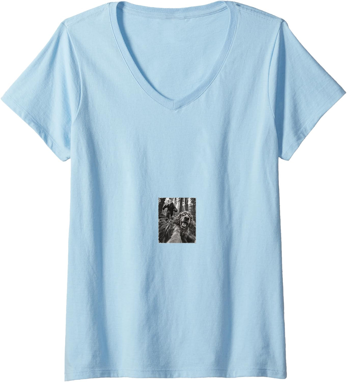 Women's Vintage Bigfoot Running After Cocker Spaniel Selfie Animal V-Neck T-Shirt - Baby Blue