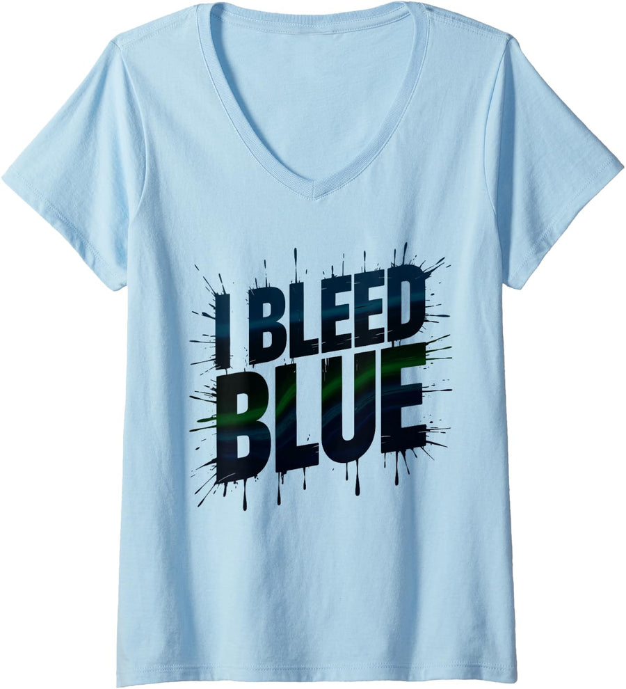 Women's Retro I Bleed Blue High School Cheer Tournament Field Day V-Neck T-Shirt - Baby Blue