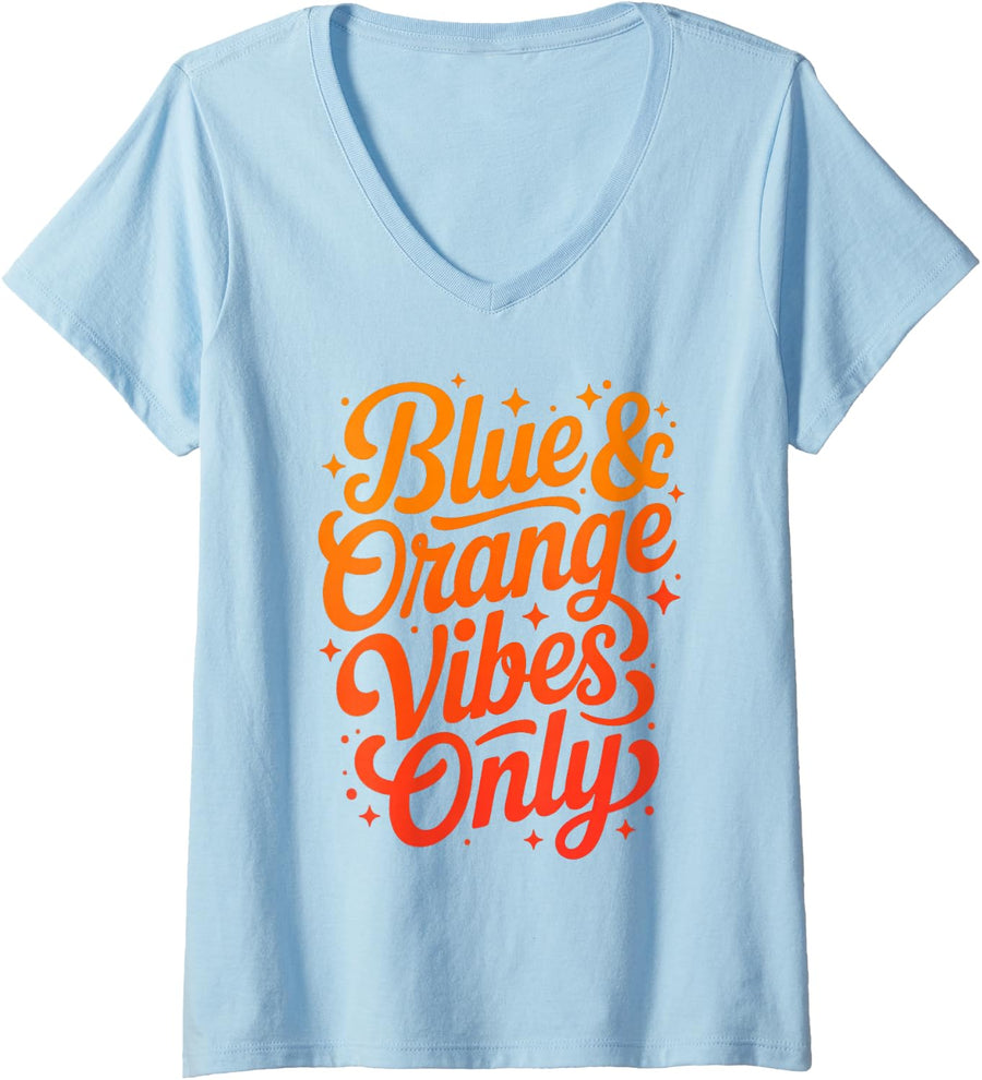 Women's Bruh Blue Orange Vibes ONLY High School Competition Cheer V-Neck T-Shirt - Baby Blue