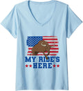 Women's My Ride is Here American Flag Bull Riding V-Neck T-Shirt - Baby Blue