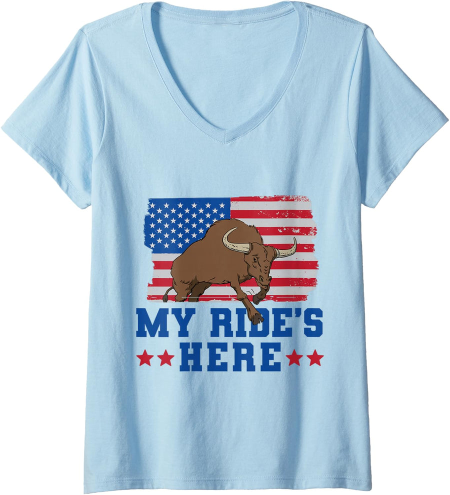 Women's My Ride is Here American Flag Bull Riding V-Neck T-Shirt - Baby Blue