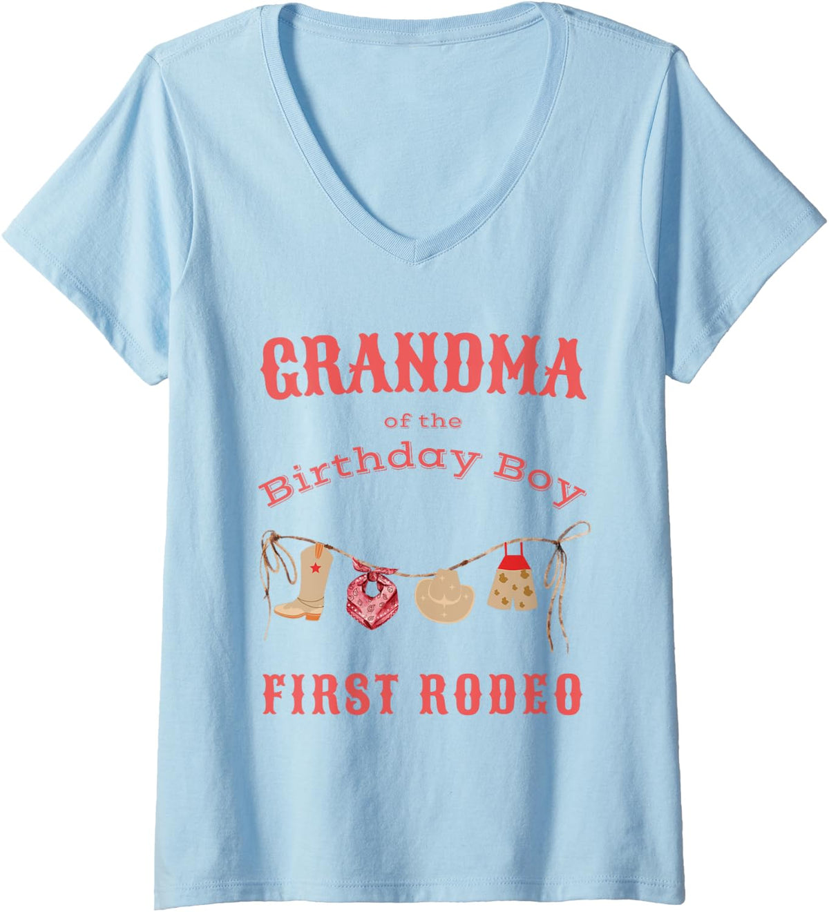 Grandma First Rodeo 1st Birthday Cowboy Family Matching V-Neck T-Shirt - Baby Blue