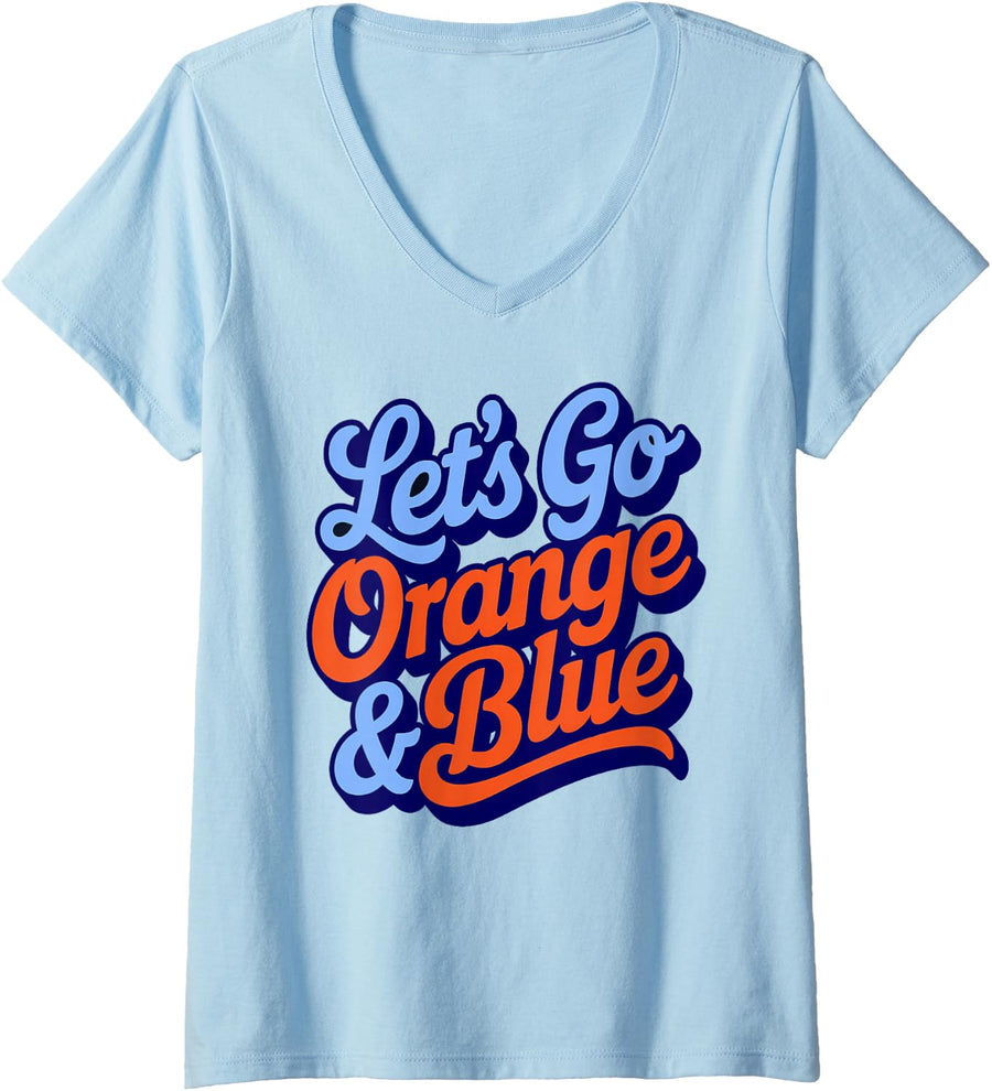 Women's Retro Let's GO Orange Blue High School Spirit Competition V-Neck T-Shirt - Baby Blue