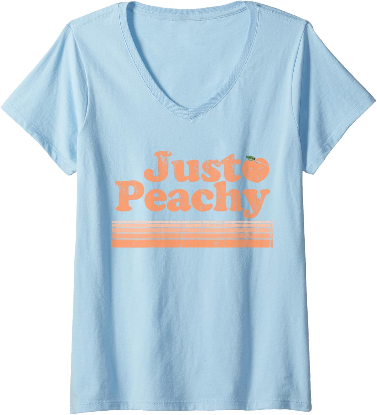 Womens Just Peachy Retro 70s Georgia Peaches Summer Fruit V-Neck T-Shirt - Baby Blue