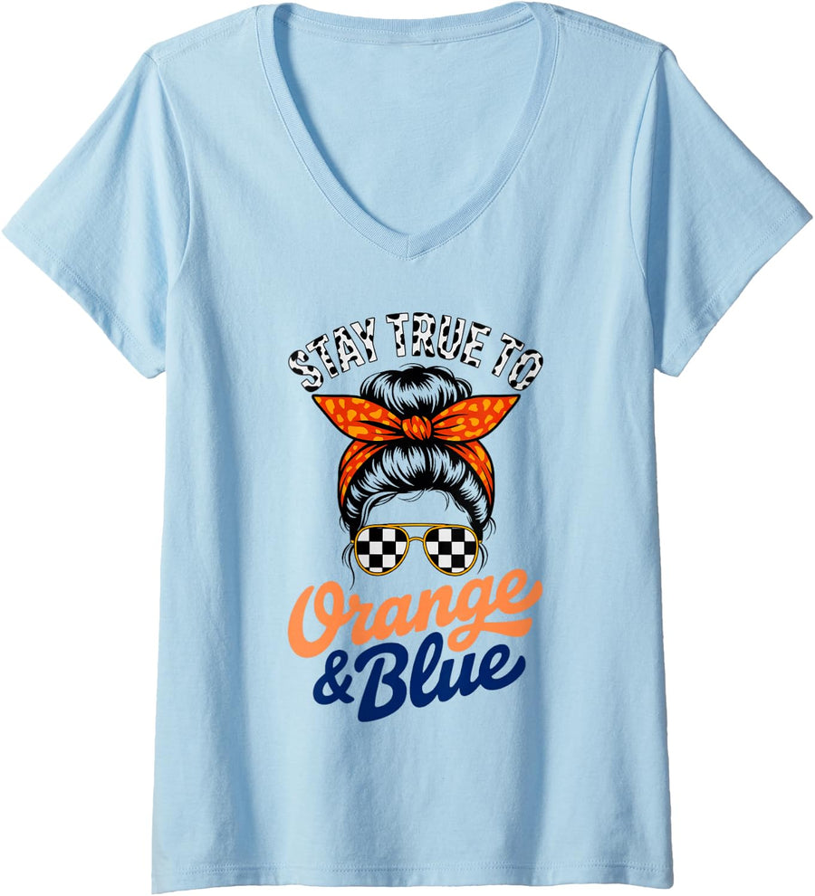 Women's Bruh Stay True to Orange Blue High School Spirit Competition V-Neck T-Shirt - Baby Blue
