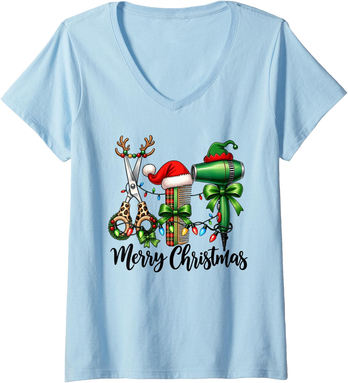 Women's Funny Christmas Hairstylist Holiday Salon Hairdresser Xmas V-Neck T-Shirt - Baby Blue