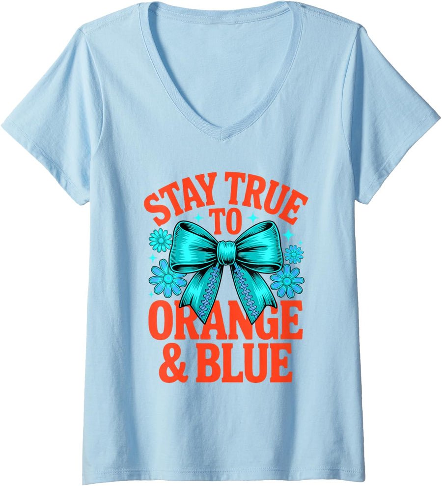 Women's Vintage Stay True Orange Blue High School Cheer Tournament V-Neck T-Shirt - Baby Blue