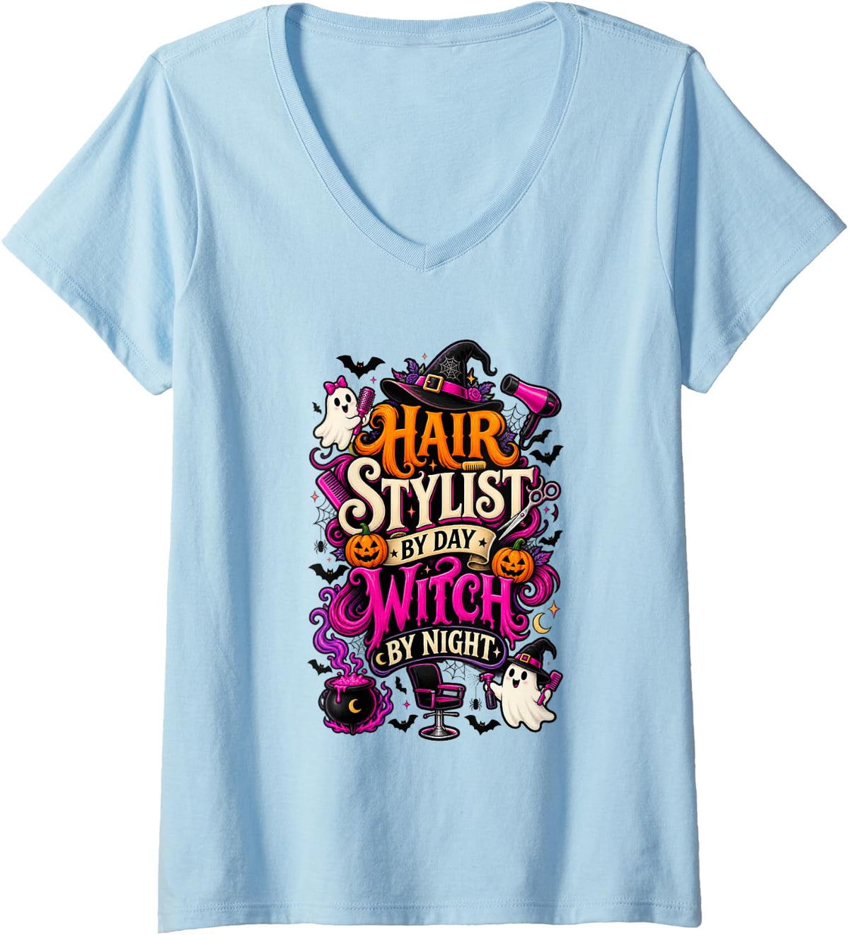 Women's Hair Stylist By Day Witch By Night Funny Halloween V-Neck T-Shirt - Baby Blue