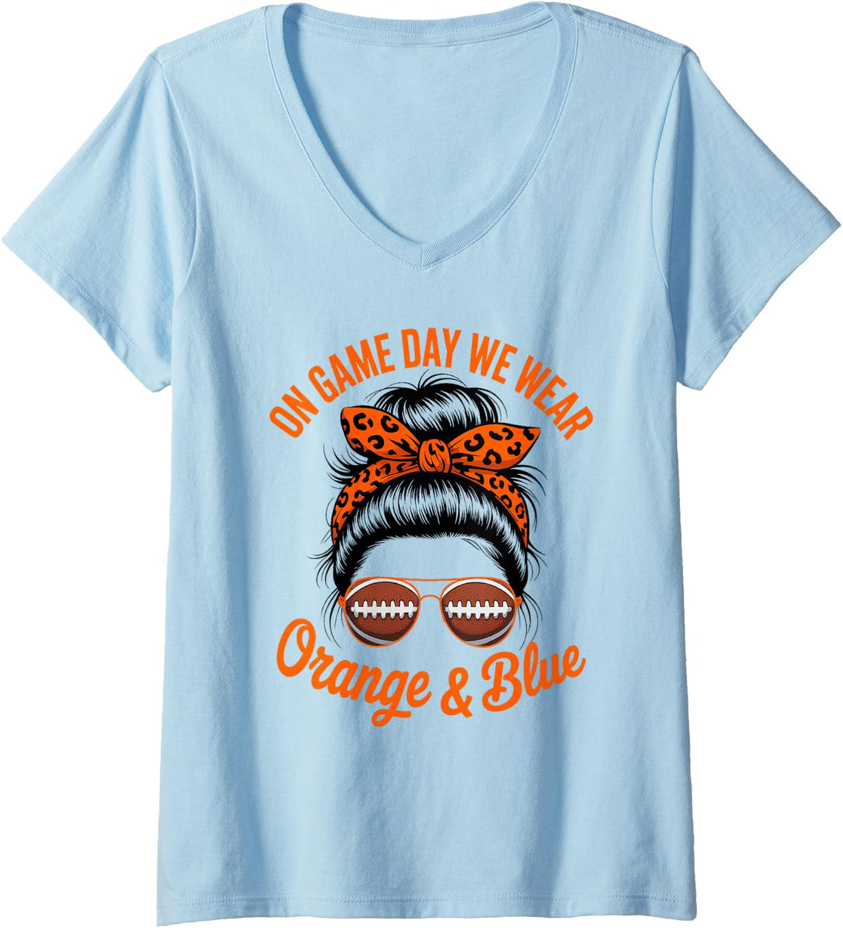 Women's Retro Game Day WEAR Orange Blue Girl High School Cheer V-Neck T-Shirt - Baby Blue