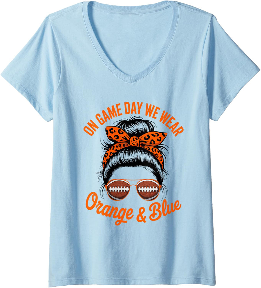 Women's Retro Game Day WEAR Orange Blue Girl High School Cheer V-Neck T-Shirt - Baby Blue