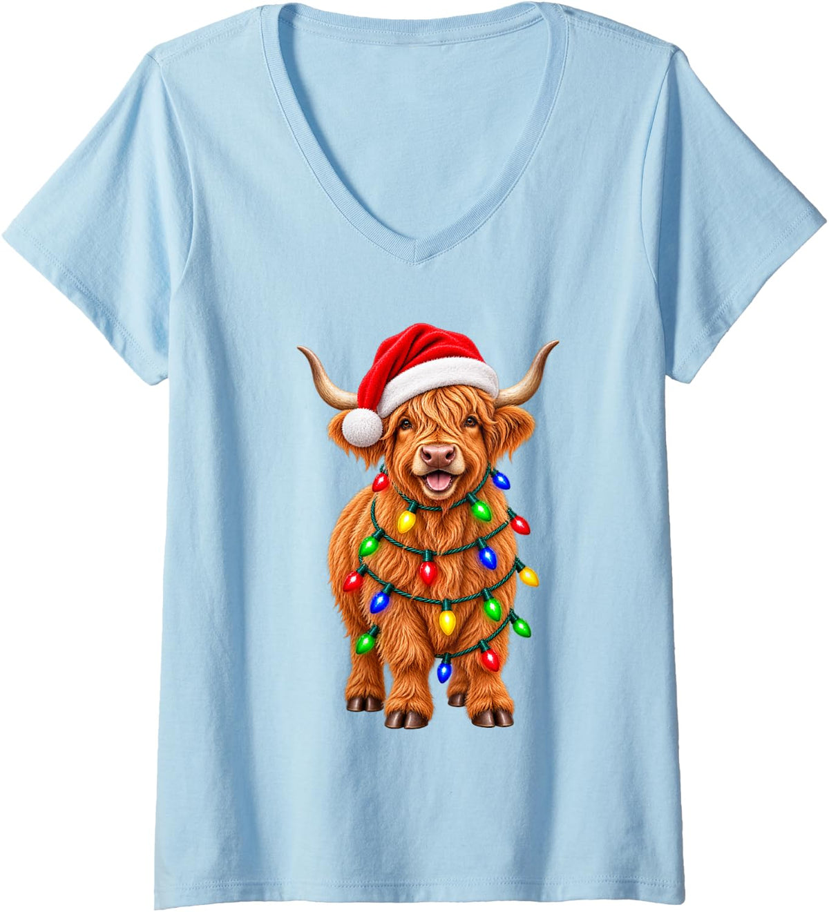 Women's Highland Cow Christmas Matching Family Men Women Xmas Pajama V-Neck T-Shirt - Baby Blue