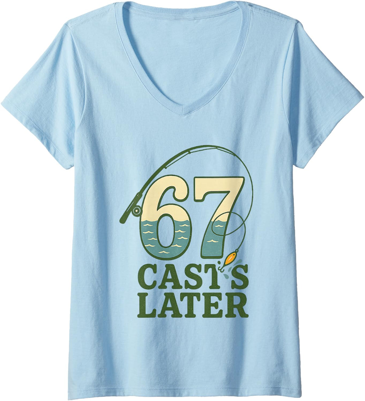 Women's 6 7 Meme Gen Alpha Retro Fishing Rod Lure Angler Bass Fisher V-Neck T-Shirt - Baby Blue