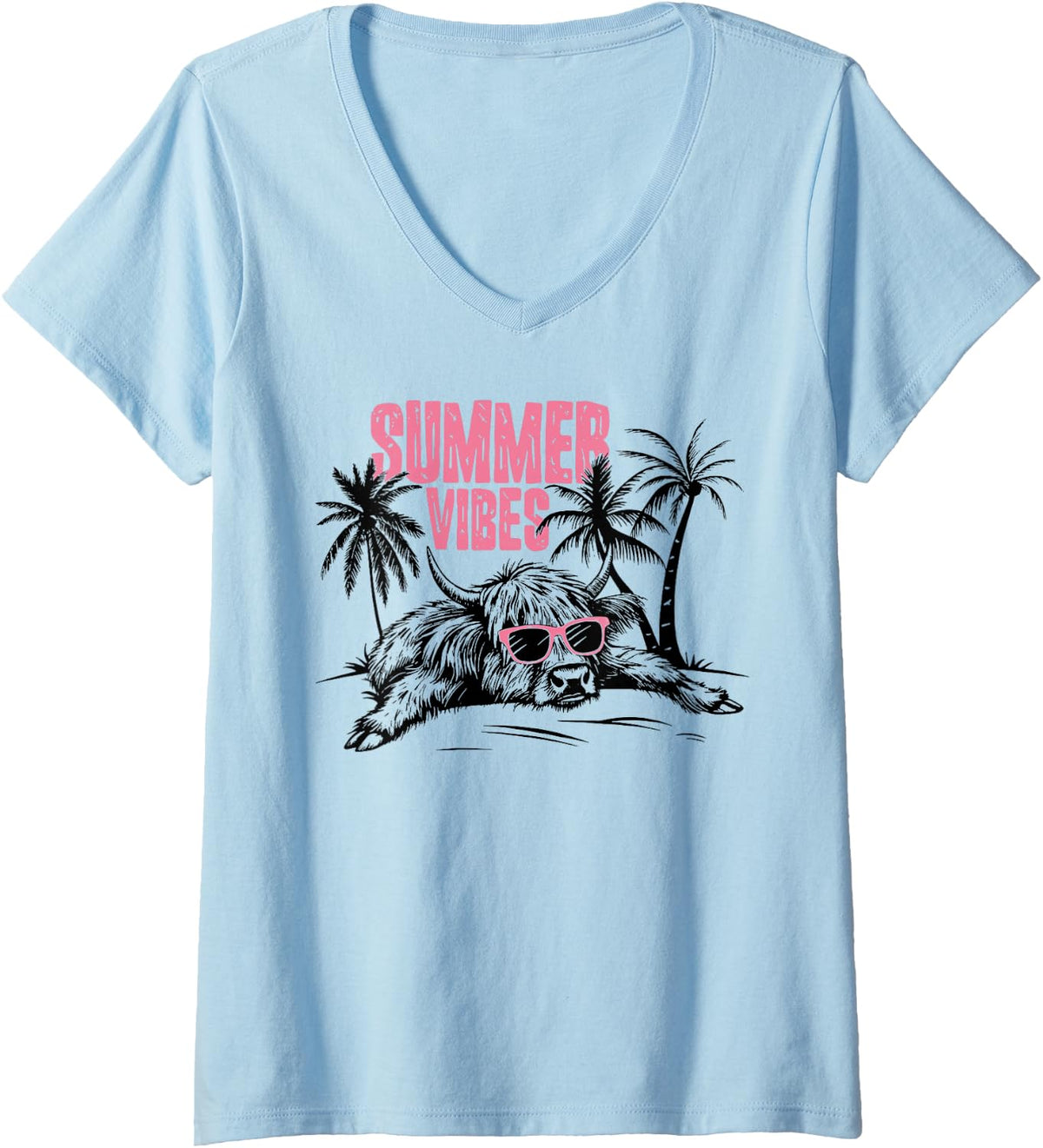 Women's Highland Cow Summer Vibes Funny Beach V-Neck T-Shirt - Baby Blue