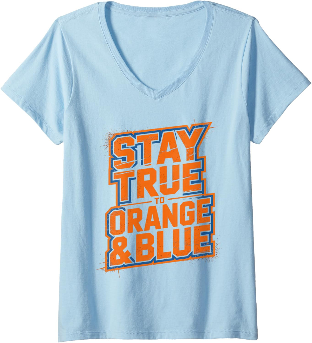 Women's Retro Stay True Orange Blue High School Competition Cheer V-Neck T-Shirt - Baby Blue
