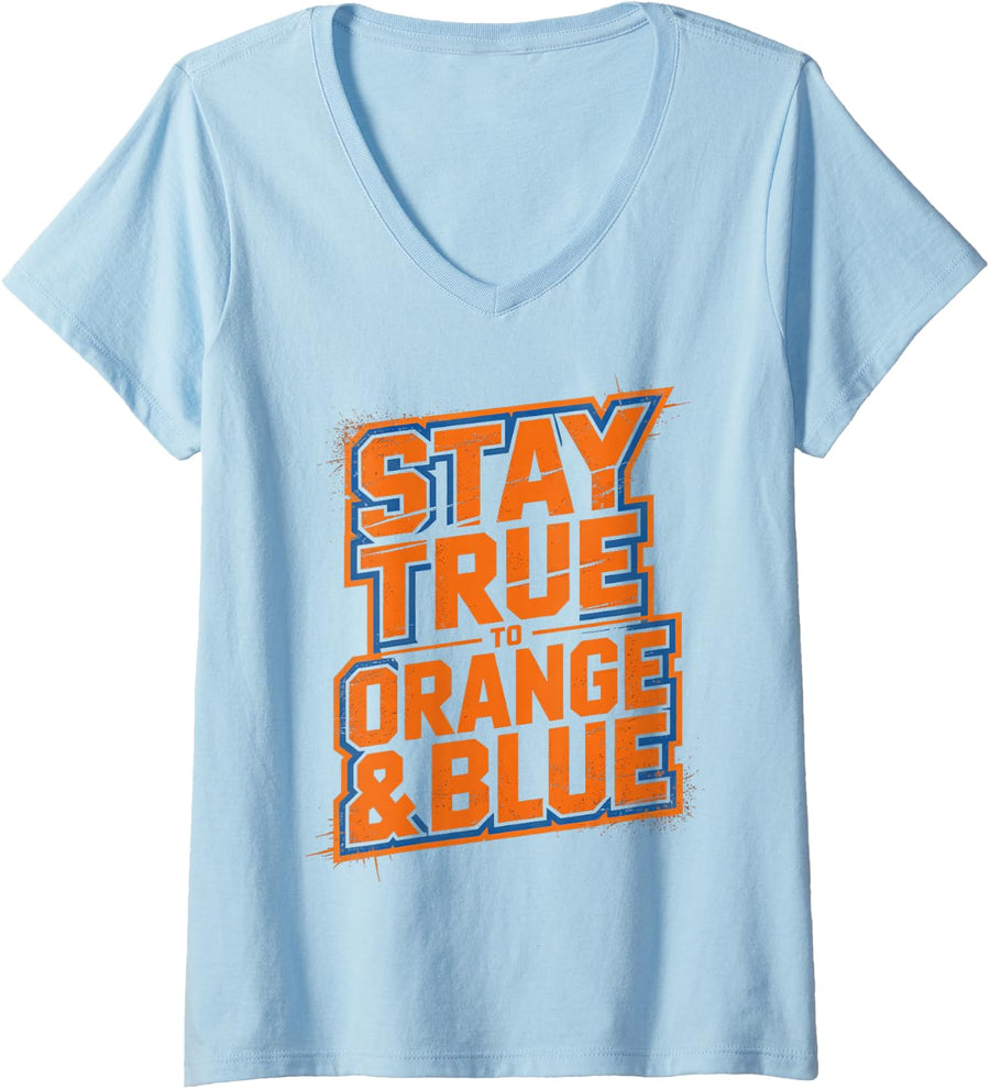 Women's Retro Stay True Orange Blue High School Competition Cheer V-Neck T-Shirt - Baby Blue