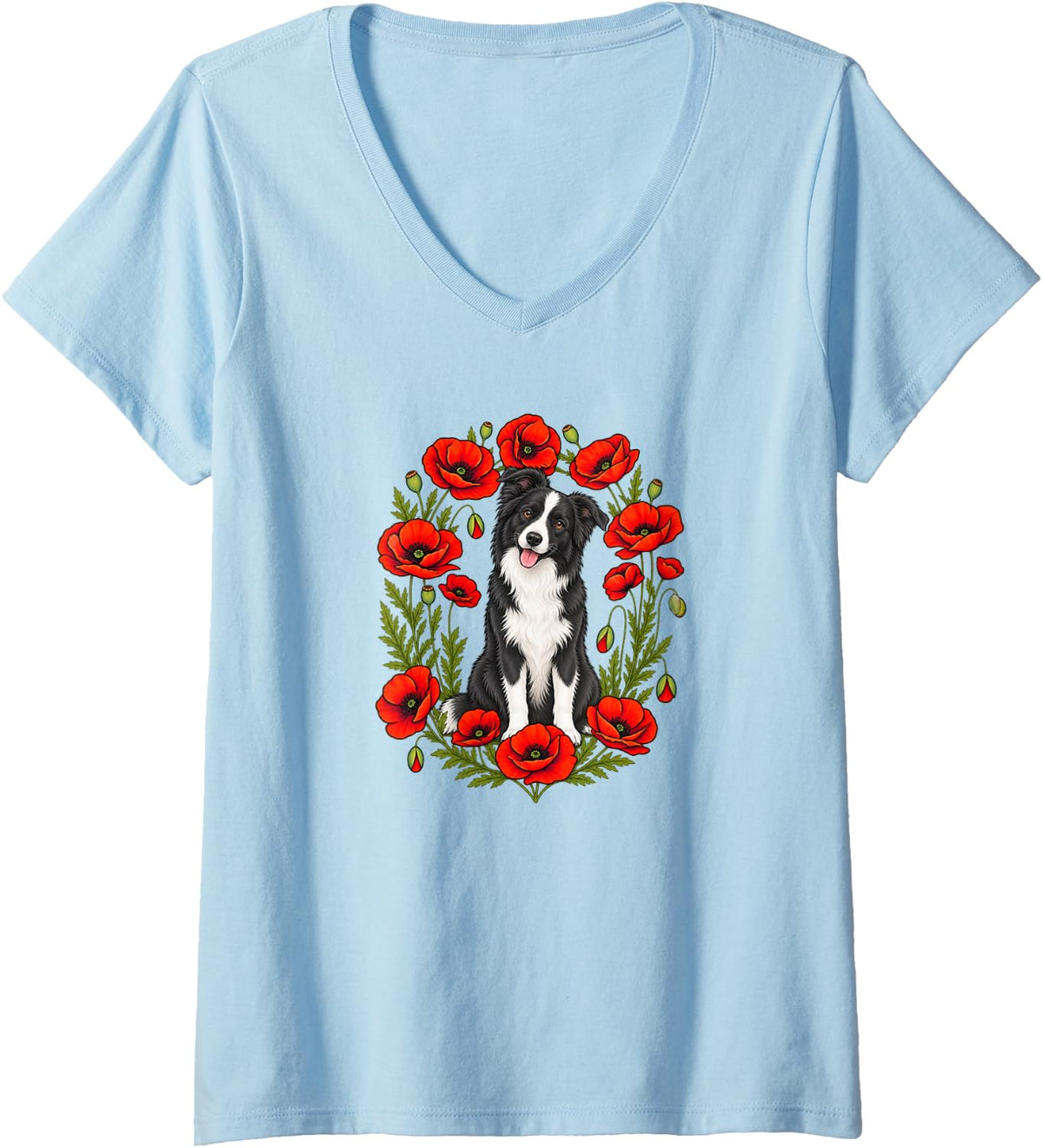 Women's Womens Girls Flower Floral Black & White Border Collie Lover V-Neck T-Shirt - Baby Blue