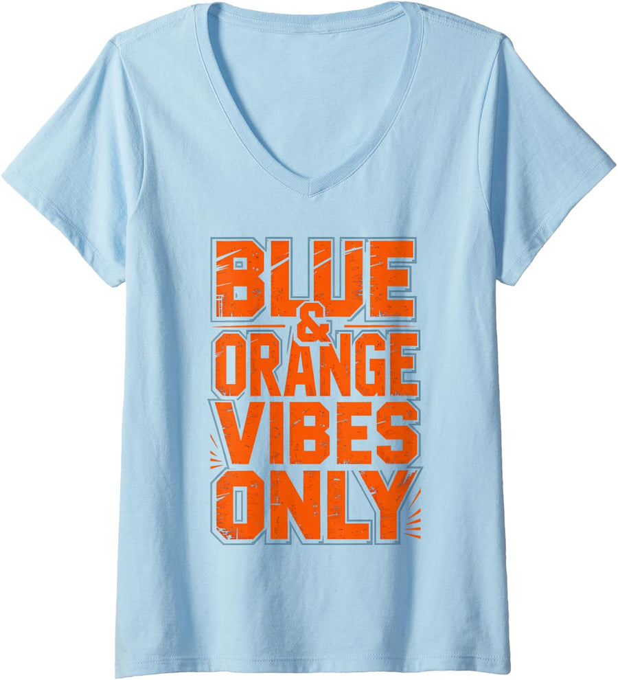 Women's Vintage Blue Orange Vibes ONLY High School Spirit V-Neck T-Shirt - Baby Blue