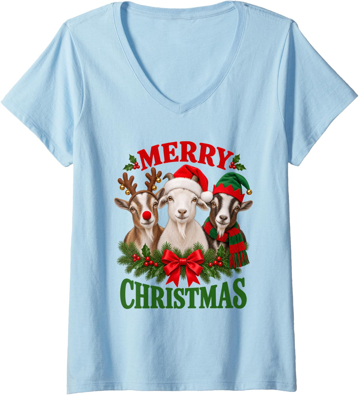 Women's Merry Christmas Goat Santa Elf Reindeer Xmas Holiday V-Neck T-Shirt - Baby Blue