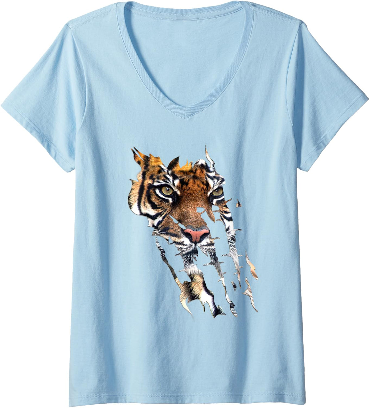 Womens Wild Cat Bengal Tiger Face Claw Marks V-Neck T-Shirt - Baby Blue