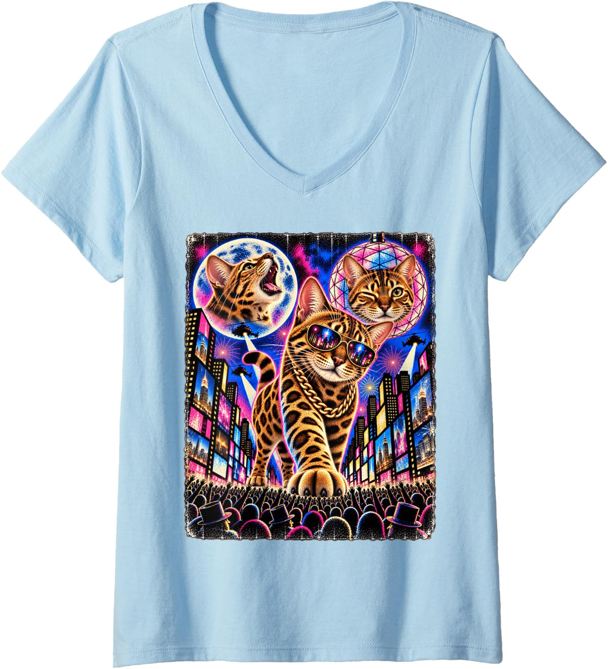 Women's Bengal Cat Times Square Hip Hop Party Cool Sunglasses Chain V-Neck T-Shirt - Baby Blue