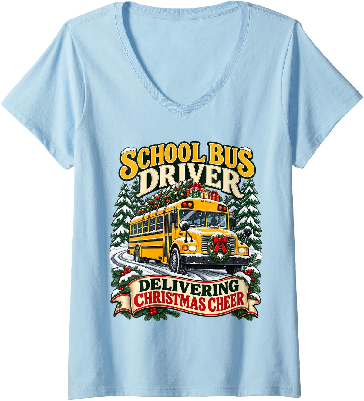 Women's School Bus Driver Delivering Christmas Cheer Holiday V-Neck T-Shirt - Baby Blue