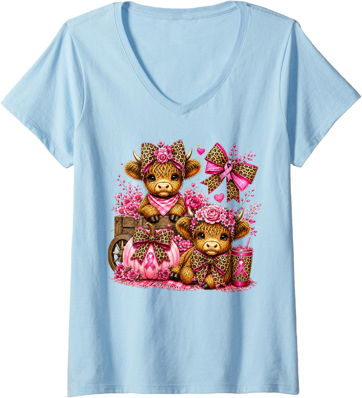 Women's Pink Ribbon Floral Highland Cow Leopard Bow Pumpkin Season V-Neck T-Shirt - Baby Blue