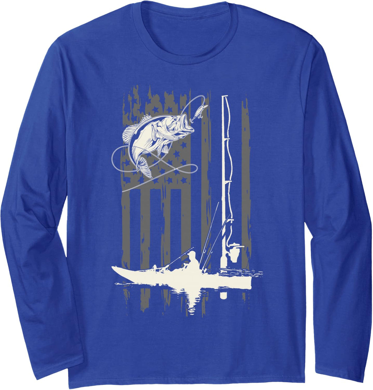 American Flag Funny Bass Kayak Fishing Fisher Fisherman USA Long Sleeve T-Shirt - Adult Unisex Royal Blue