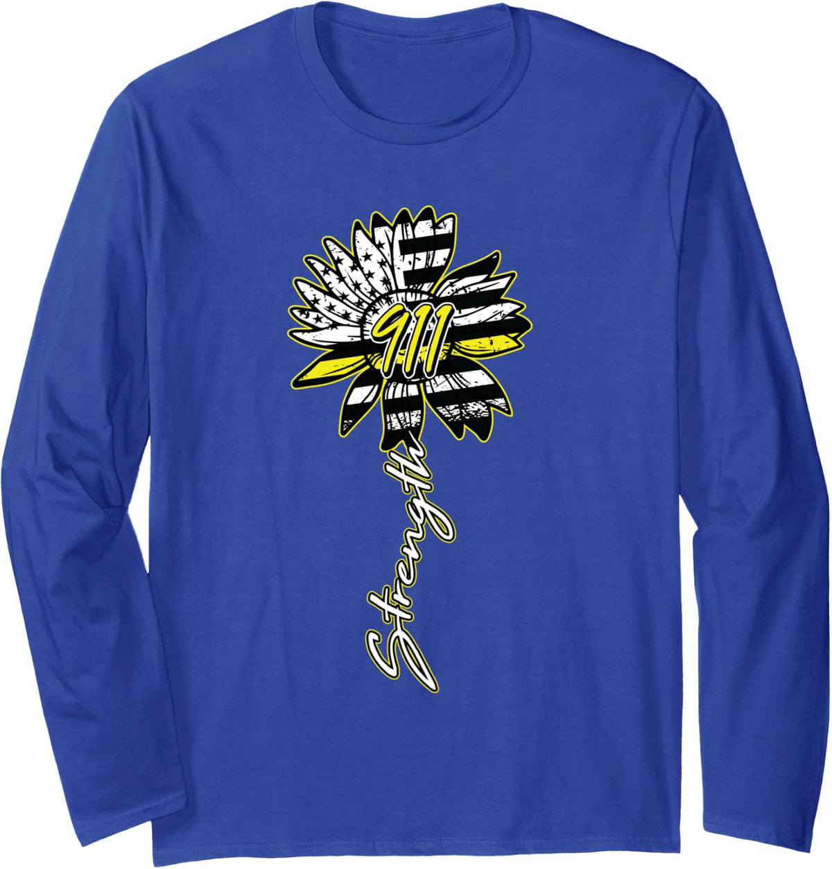 911 Dispatcher American Flag Sunflower Dispatch Operator Long Sleeve T-Shirt - Adult Unisex Royal Blue