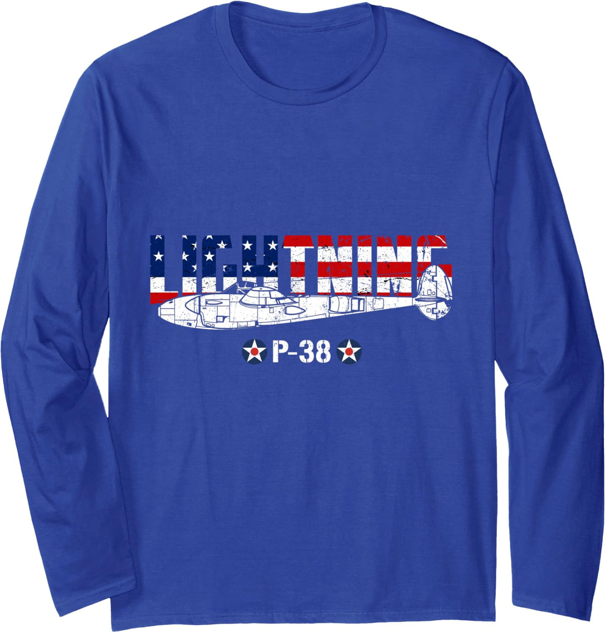P-38 Lightning WW2 Military Aircraft Flag USA Fighter Plane Long Sleeve T-Shirt - Adult Unisex Royal Blue