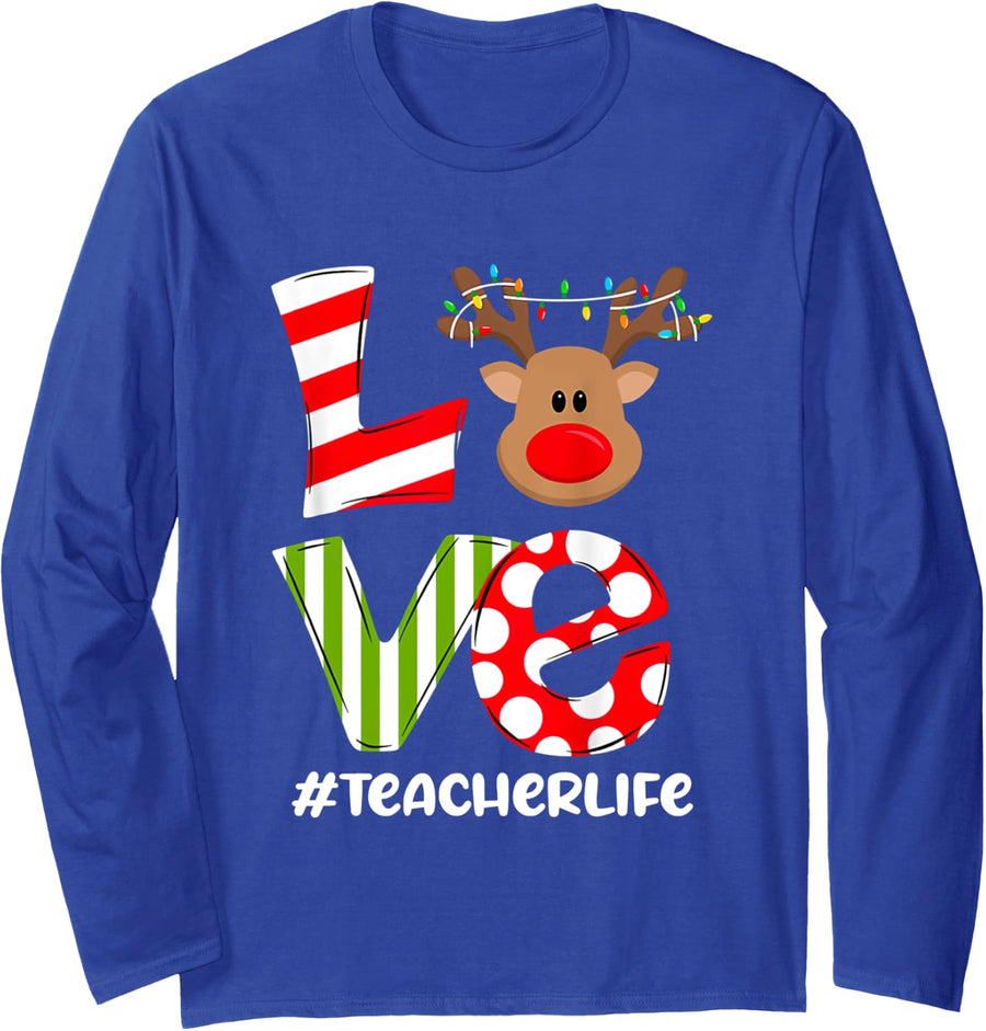 Love Teacher Life Reindeer Santa Hat Teacher Christmas Long Sleeve T-Shirt - Adult Unisex Royal Blue