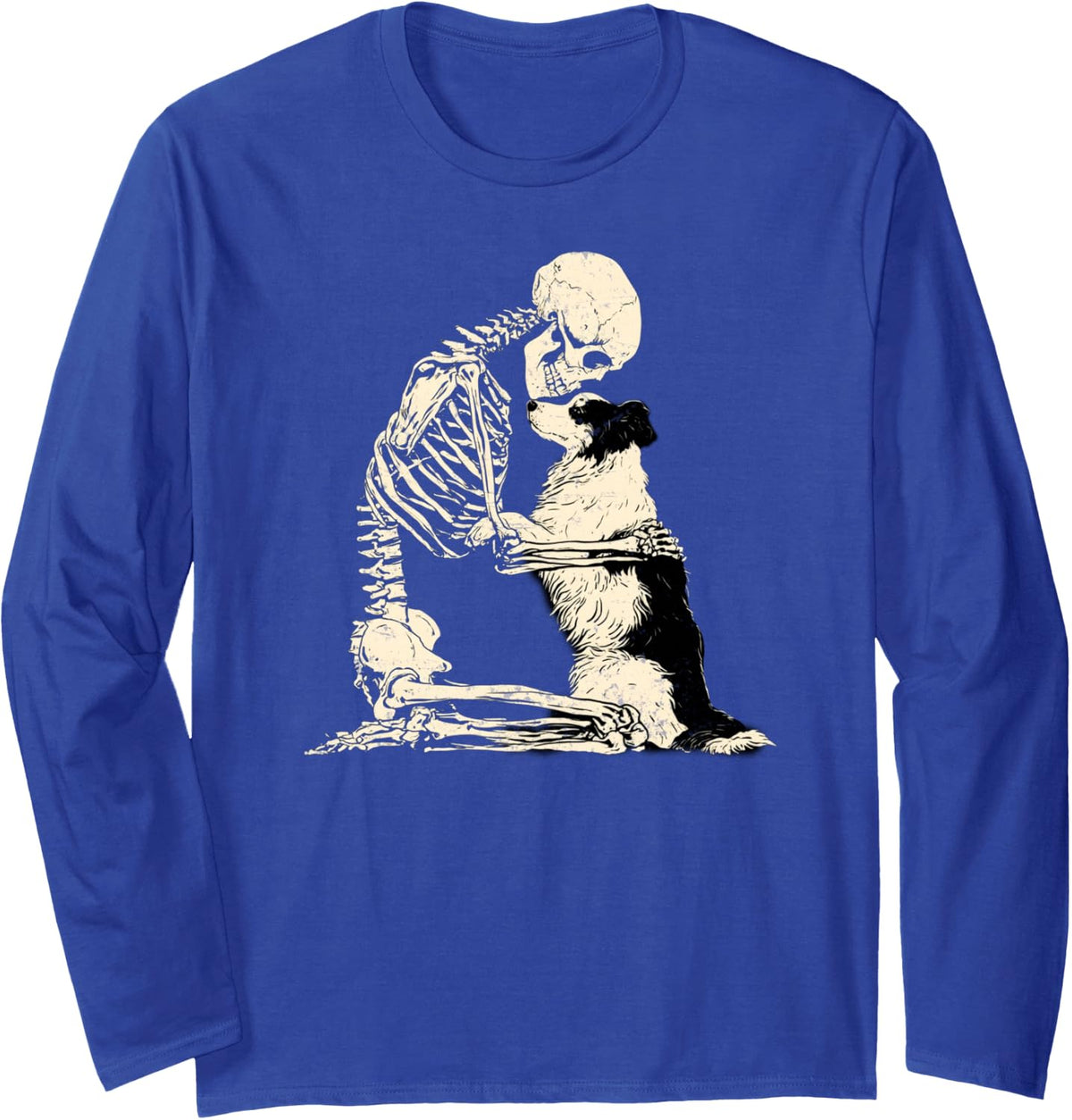 Funny Border Collie with Skeleton Halloween Dog Lover Long Sleeve T-Shirt - Adult Unisex Royal Blue