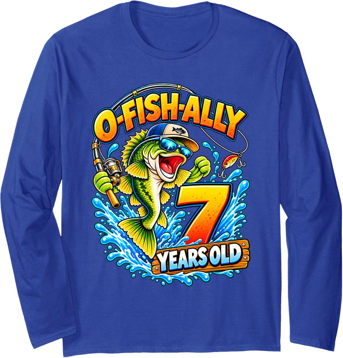 O-FishAlly 7 Years Old Fishing Kids 7th Birthday Funny Long Sleeve T-Shirt - Adult Unisex Royal Blue