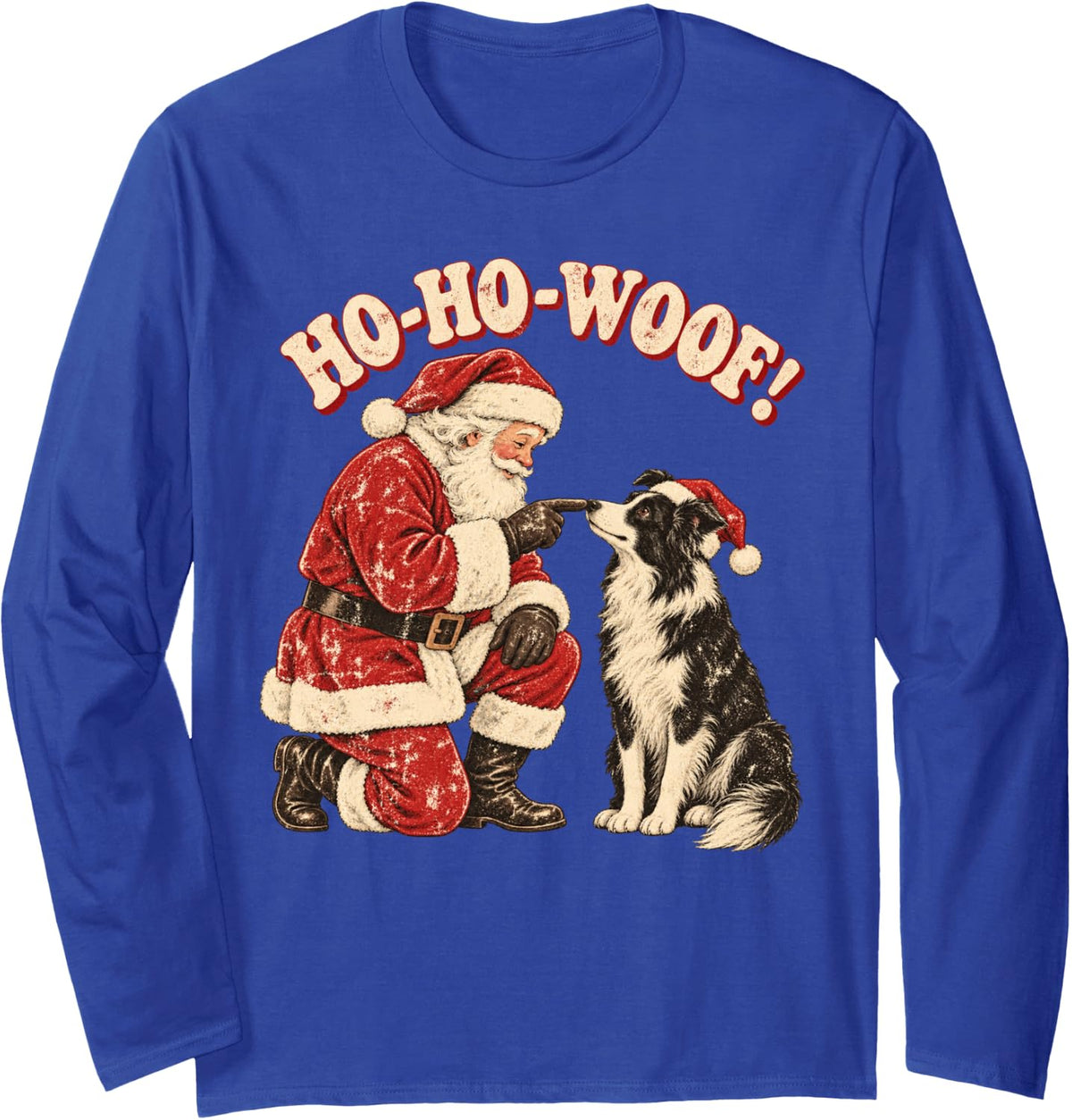 Santa Border Collie Retro Christmas Dog Ho Ho Woof Long Sleeve T-Shirt - Adult Unisex Royal Blue